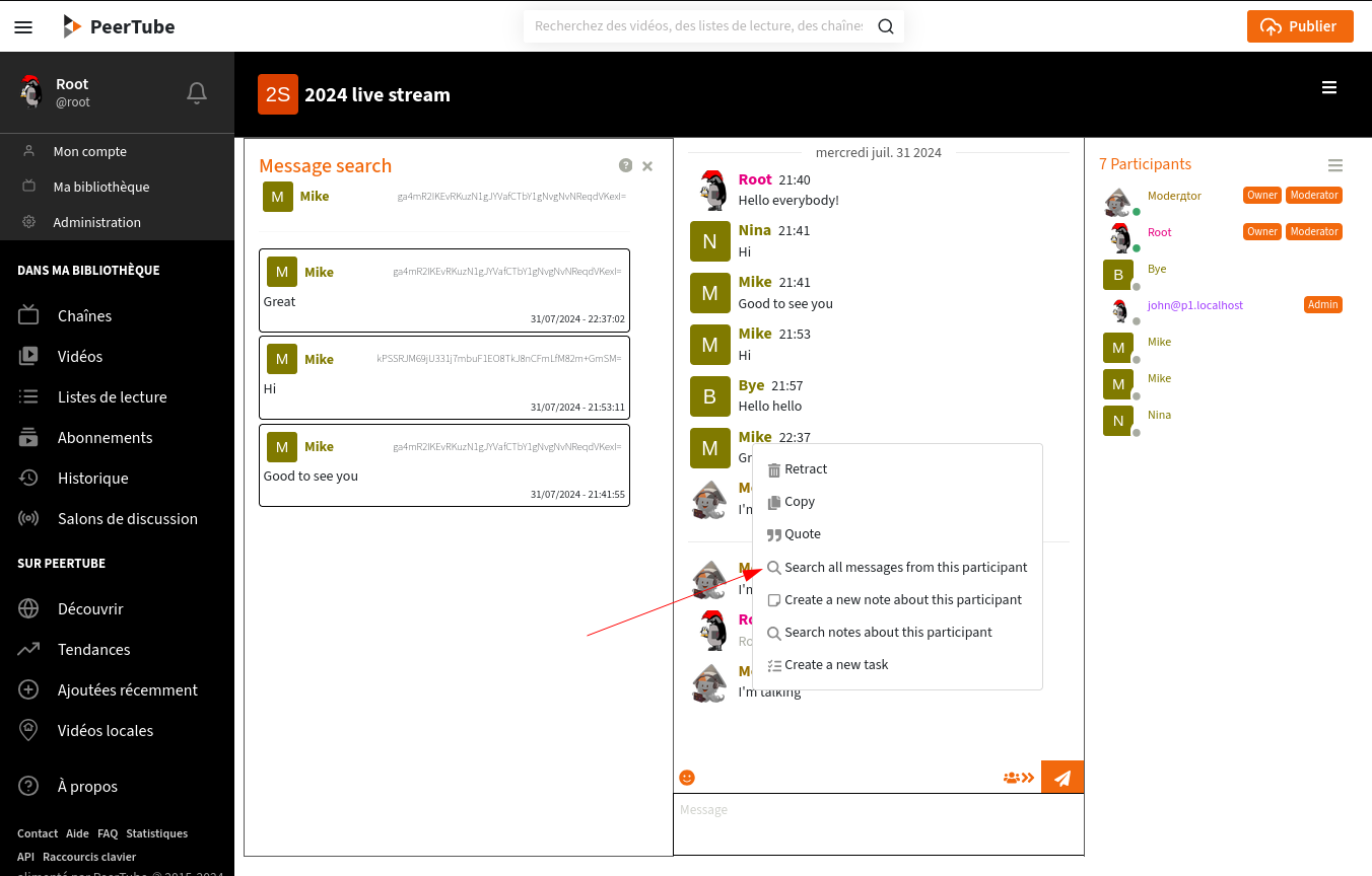 Screenshot z chatové relace. Moderátor otevřel nabídku zpráv a je zde tlačítko „Vyhledat všechny zprávy“.